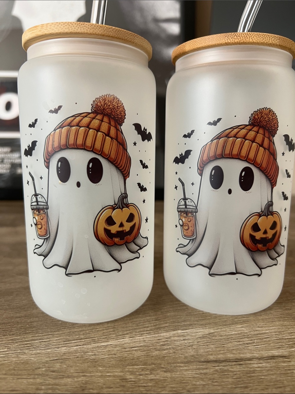 Halloween Ghost Bamboo-Lid Drink Jar - Orange Beanie Design